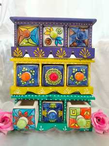 Tiroirs de coffre en bois fabriqués à la main Boîte à pantalons à la main indienne avec design multicolore Mini tiroir de rangement Bijoux Souvenirs Style Boho - Product Image 4