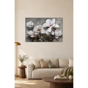 Impression sur toile de magnolias et papillons blancs sur fond gris de Fida - Product Image 3