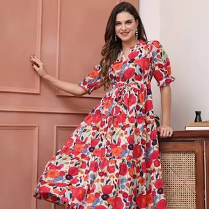 Robe en coton imprimé indien Hand Block New Trendy Floral Summer Casual Wear Natural Handmade Woven Sweet Style for Valentine's - Product Image 1