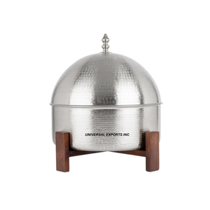 Hotpot de acero inoxidable pulido con espejo, cazuela de forma redonda de doble pared, calentador de alimentos de metal elegante de alta calidad con soporte de madera - Product Image 1