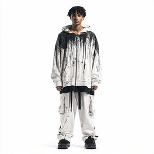 ชุดวอร์มฤดูหนาวทรงหลวมสไตล์ Acid Wash สำหรับผู้ชาย เสื้อฮู้ดดี้แบบสวมหัว ไหล่ตก กางเกงวอร์มทรงจ็อกเกอร์แบบมีซิป ผ้าหนา - Product Image 1