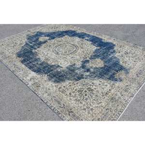 Alfombra de lana Vintage azul y Beige de 7,8x11,2 pies, Alfombra de habitación de látex con diseño de pasillo de retazos abstracto Rectangular de área grande turca clásica - Product Image 2