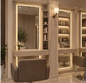 Station de salon portable moderne en verre avec miroir éclairé, étagères de rangement et design réglable pour usage commercial - Product Image 1