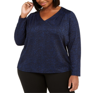 Top plissettato stampato Michael Kors da donna, taglie forti XXL, in chiffon blu, con collo alto e decorazioni a bottoni, stile western, corto - Product Image 4