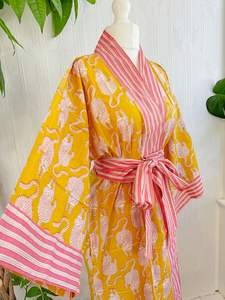 Pure Cotton Indian Block printed House Robe Summer Kimono Beach Coverup Comfy Maternity Fresh Yellow Mustard Pink Stripe - Product Image 2