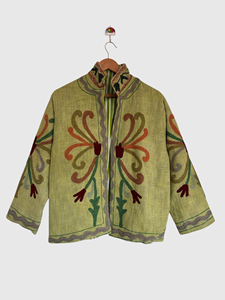 Veste en velours vert brodée de fleurs, col mandarin, manches longues, taille plus, vêtements d'hiver pour femmes, style élégant - Product Image 1
