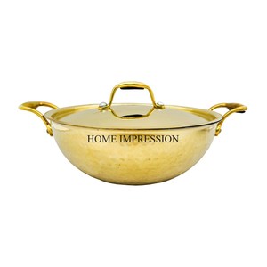 Zware Metalen Hoogwaardige Vergulde Gehamerde Textuur Ronde Vorm Keukengerei Kookgerei Kadhai Set Met Potdeksel En Handgrepen - Product Image 1