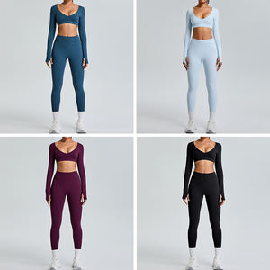 New Fitness Yoga Sets Lightweight <b>Long</b> Sleeve <b>Top</b> High Waist Scrunch <b>Leggings</b> Sportswear Yoga Set Workout Gym 2 Piece Sets - Product Image 2