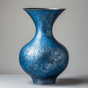 Vase bleu vintage WornCerulean avec bords en détresse Vase de sol en métal Floral en relief Design Home Decor Accent Statement - Product Image 1