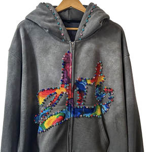 Sweat à capuche zippé 100% coton gris personnalisé Sweat à capuche zippé couleur strass Dtg Imprimer Oversize Boxy Acid Washed Hoodie With Rhinestone - Product Image 4