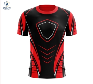 เสื้อฟุตบอลผู้ชายทรงเข้ารูป ยี่ห้อ INDEX APPAREL คอวี แขนสั้น สีดำแดง ลายเรขาคณิต ระบายเหงื่อได้ดี - Product Image 1