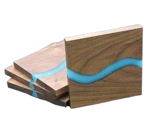 Square Wood & Resin Coaster Natural <b>Wooden</b> Monogram Wood Resin Blue Epoxy Round Coasters Holder - Product Image 1