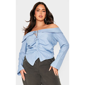 Camisa ajustada a rayas Bardot azul de alta calidad elegancia personalizada manga larga Casual/Party Back Logo-Tallas grandes verano primavera - Product Image 4