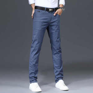 Pantalon en coton décontracté pour homme, taille haute, coupe normale, respirant, anti-boulochage, tube droit, design plat devant, toile teinte unie - Product Image 6