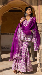 AAFREEN-Ensemble Sharara décontracté en coton à imprimé blocs pour femme, robe évasée à manches mi-longues pour femme - Product Image 4