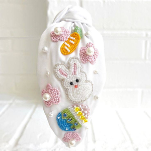 Bandeau de Pâques joyeux, perles de rocaille, nœud en perles, lapin, œuf, tenue de Pâques, blanc et rose, accessoire de style - Product Image 6
