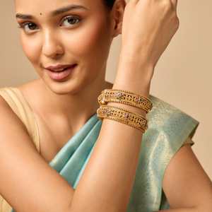 188971 Women's Antique Fashion Bangle with Gold Polish Flower Shape Bezel Setting <b>Ruby</b>-Green Stones for Wedding - Product Image 5