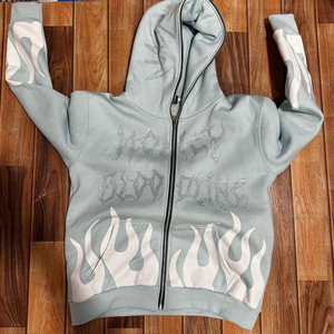 Nouveau fabricant Logo personnalisé en détresse broderie soleil délavé Vintage Hoddie ensemble coton pleine fermeture éclair acide lavé strass à capuche - Product Image 4
