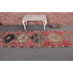 Tapis turc 2,8 x 10,4 pieds, tapis de couloir vintage, tapis ombré rouge et gris - Product Image 3