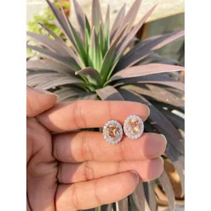 Vintage Trendy 925 Silver Oval Peach Morganite <b>Stud</b> <b>Earrings</b> 14K & 18K Gold Bezel Setting Diamond Zircon Inlay for Engagement - Product Image 2