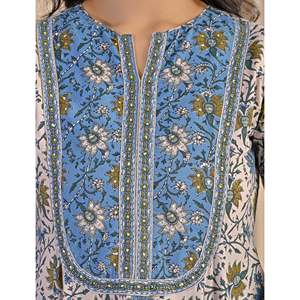 Robe Anarkali bleu gris à imprimé floral fait main, style ethnique estival en coton doux, motif floral brodé à la main - Product Image 2