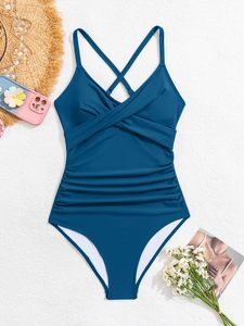 Trajes de baño de una pieza con control de barriga para mujer, traje de baño de carreras cruzado delantero con cuello en V Adelgazante y traje de baño adelgazante con lazo en la espalda - Product Image 5