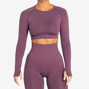 Women Yoga Set Solid Color <b>Long</b> <b>Sleeve</b> Crop <b>Top</b> High Waist Full Length Leggings Seamless Spandex Polyester 2 Piece Set - Product Image 2