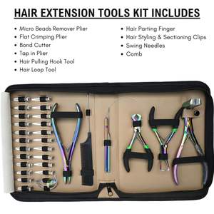Kit d'extension de cheveux pour coiffeur, outil pour extensions à bandes, pince à sertir plate et à retirer, pince à retirer les liaisons par fusion, crochet à boucle, peigne, clips, étui - Product Image 2