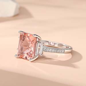 Jeulia <b>Emerald</b> Cut Synthetic Morganite Sterling <b>Silver</b> Wedding Gemstone <b>Ring</b> - Product Image 5