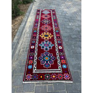 Vintage Turkish Rug, 2.8x10.9 ft <b>Runner</b> Rug, <b>Red</b> Blue Floral Wool Rug - Product Image 2