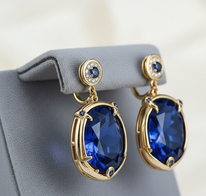 Elegant Blue Hydro Round 6 mm & Oval 15×<b>20</b> mm CZ Drop Earrings 925 Sterling Silver 18K Gold Plated 5 Inch <b>Wedding</b> Wear - Product Image 5