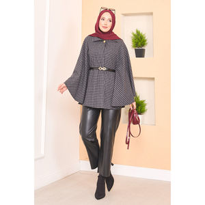 Anthracite Houndstooth Patterned Belted Hijab <b>Poncho</b> Woven Fabric - Product Image 4
