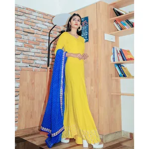 Vestido de Fiesta Largo con Lentejuelas Amarillo Brillante, Dupatta Lehariya, Vestido de Gala con Detalles Decorativos de Rayón en Varios Tamaños - Product Image 2