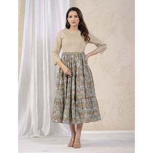 Vestido Anarkali de Algodón Verde Estampado, Estilo Americano - Product Image 3