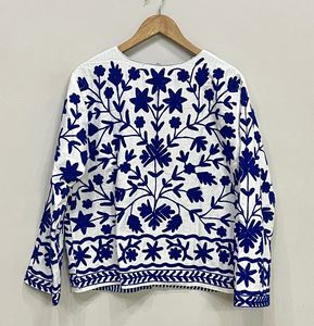 เสื้อโบโฮแขนยาวผ้าคอตตอนสีขาวพื้นเมืองลายดอกไม้สีฟ้าสำหรับฤดูหนาวงานแฮนด์เมด - Product Image 2