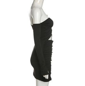 CUT OUT Cordon Club <span class=keywords><strong>Robe</strong></span> Mince Sangle Évider Discothèque <span class=keywords><strong>Robe</strong></span> De Soirée Femmes Manches Longues Noir Mini - Product Image 5