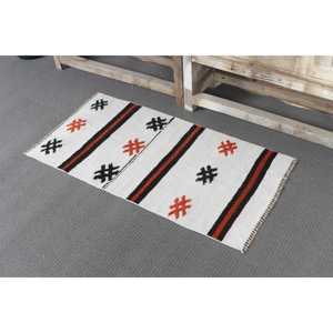 Tapis turc vintage, petit tapis de 1,7 x 3,2 pi (51 x 99 cm), tapis en laine à carreaux blancs - Product Image 4