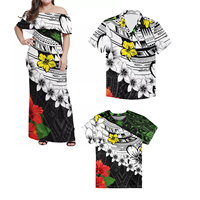 Tenue de couple pour femmes en deux pièces rouge et noir, imprimé polynésien, tenue de fête pour couple, robes pour femmes à épaules dénudées assorties à des chemises pour hommes