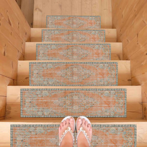 Orange Ethnic Step Rug, Bohemian Printed Rug, Modern Entry Rug - Product Image 3