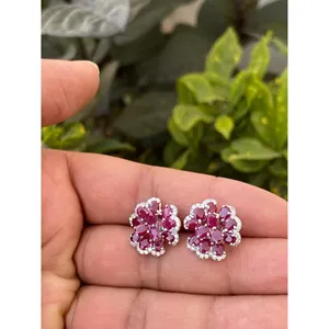 925 <b>Silver</b> Natural Ruby Floral <b>Stud</b> Earrings Elegant Flower Pattern for Weddings - Product Image 4
