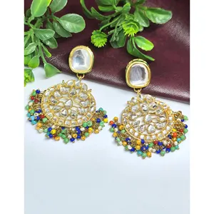 Pendientes Chandbali de Perlas Esmaltadas Multicolores, Hechos a Mano, Chapados en Oro, Joyería Cultural Coleccionable - Product Image 1