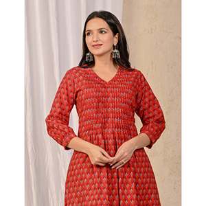 Ensemble Kurta et pantalon en coton imprimé rouge, style Salwar Kameez, broderie, tissu en filet, pour filles, tenue ethnique indienne pour les fêtes - Product Image 1