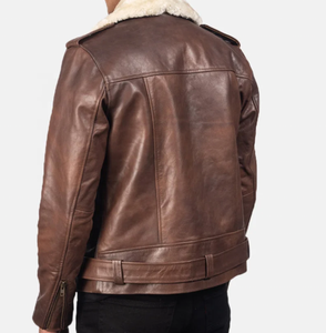 Veste en cuir véritable marron pour homme avec col en fausse fourrure, coupe-vent, style motard, manteau d'hiver, coupe classique - Product Image 2