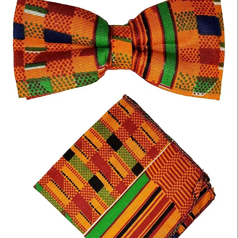 Kente-pajarita africana con pañuelo de bolsillo para hombre, conjunto de cuello ajustable, tamaño Kente, lazo preatado africano y pañuelo cuadrado de bolsillo