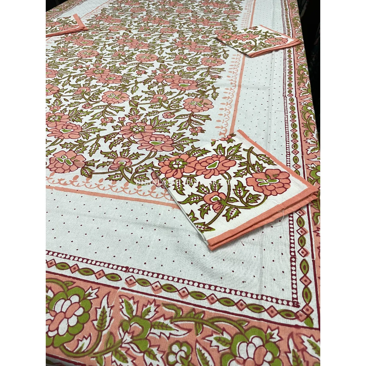 Mantel de algodón para mesa, cubierta de lino con seis servilletas, diseño tradicional, estampado a mano, decoración de lujo para boda y hogar