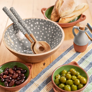 Natural wood serving <b>bowl</b> featuring a teal and white floral <b>enamel</b> print, with two wooden serving spoons, at wholesale prices. - Product Image 5