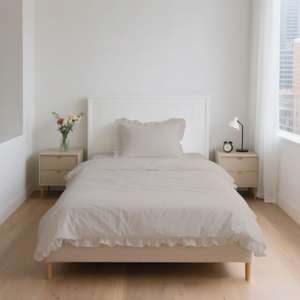 Parure de lit premium en polycoton rayé beige, 3 pièces (housse de couette, drap-housse, taie d'oreiller) avec volants géométriques simples - Product Image 4