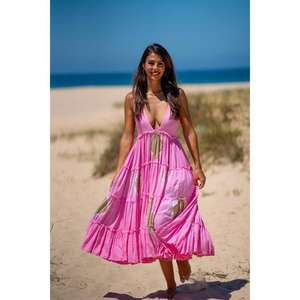 Robe maxi sans manches à taille naturelle écologique pour femmes, col en V profond, à étages, bohème, plage, vacances, été - Product Image 1