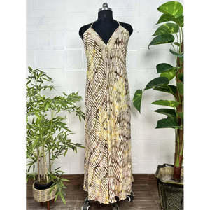 <b>Boho</b> Chic <b>Summer</b> Maxi <b>Dress</b> New Silk Magic Halter Leaf Design Beige Brown One Fits XS Elegant Leisure Beach Club Day Holidays - Product Image 1