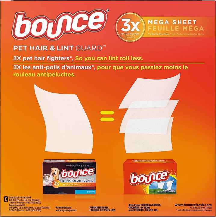 Bounce 180 Count Mega Dryer Sheets Pet Hair and Lint Guard with Fresh Lavender Scent Softener for Apparel Removal